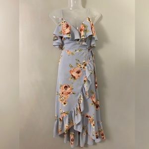 AQUA Rose-Print Ruffled Midi, High-Low Dress